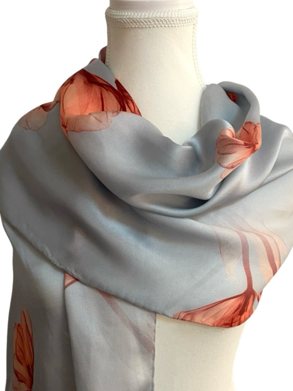 Vintage 100% Silk Floral Butterfly Scarf Grey Coral Orange